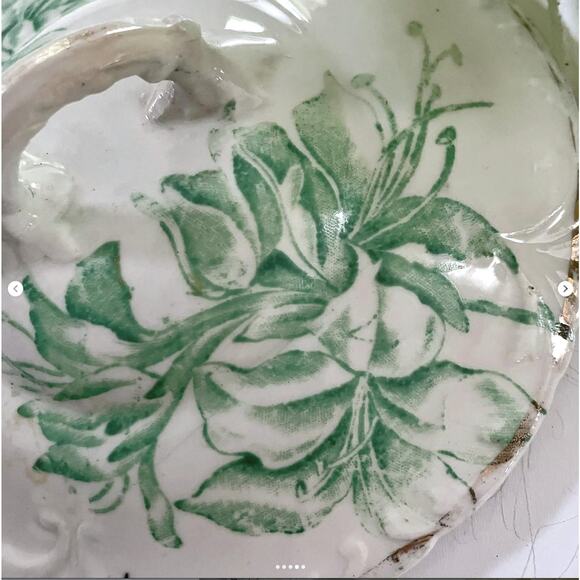 Antique Ironstone Pottery Lid Green Transferware Daffodil Design - Picture 4 of 5